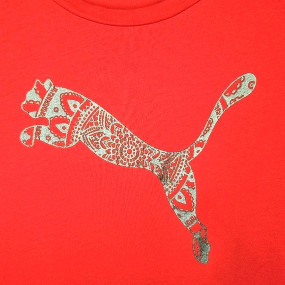 Puma Womens Red Silver Metallic Puma Emblem Short Sleeve Crewneck T-Shirt Small - Picture 2 of 8